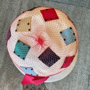 Vintage Hat Women’s Straw with Colorful Squares & Ribboned Brim